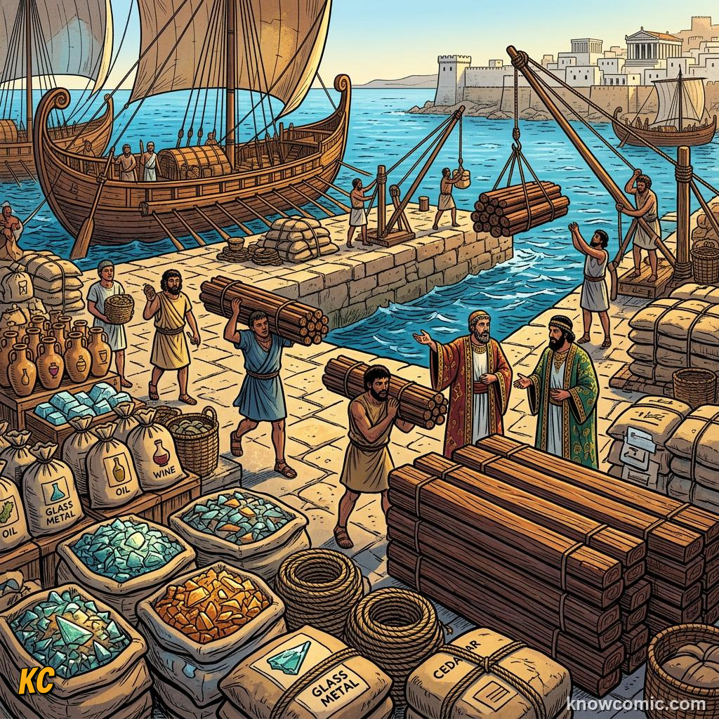 Comic panel about phoenicians: alphabet: Trade, educational kids illustration