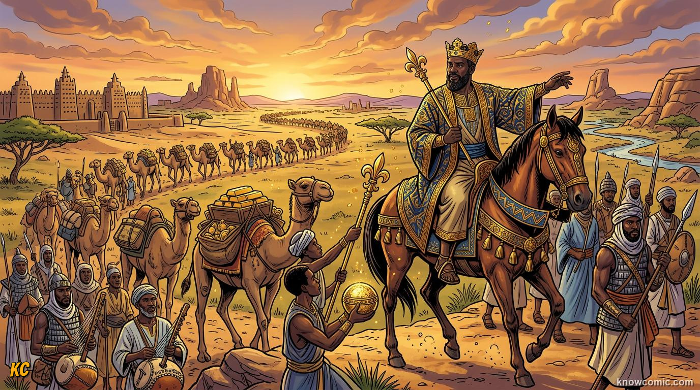 Comic panel about empire of mali: Mali Rises, educational kids illustration