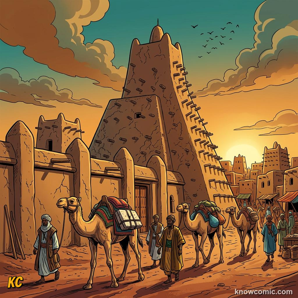 Comic panel about empire of mali: Trade, educational kids illustration