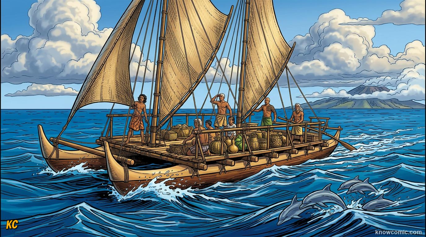 Comic panel about polynesian navigators: The Pacific Triangle, educational kids illustration