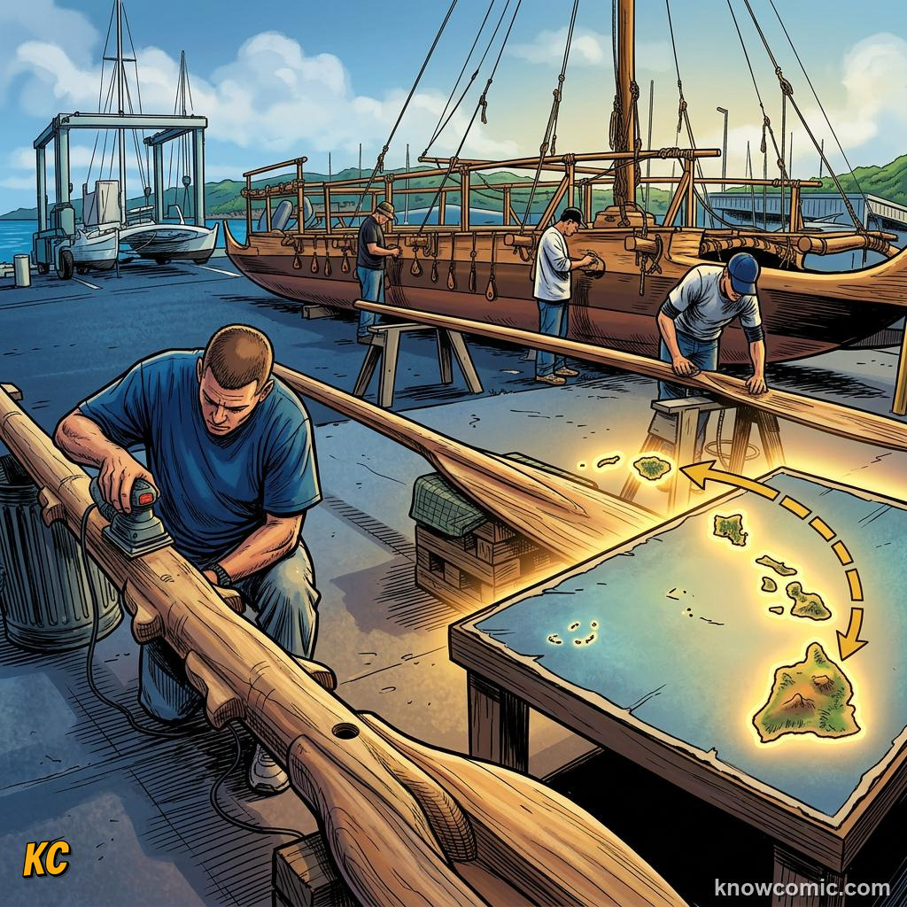 Comic panel about polynesian navigators: A Civilisation Of Voyages, Triangle, educational kids illustration