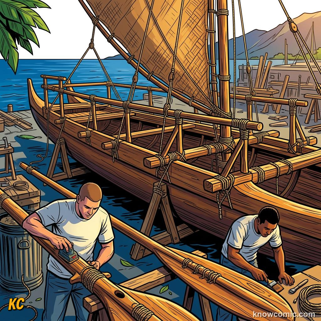 Comic panel about polynesian navigators: Canoe, educational kids illustration