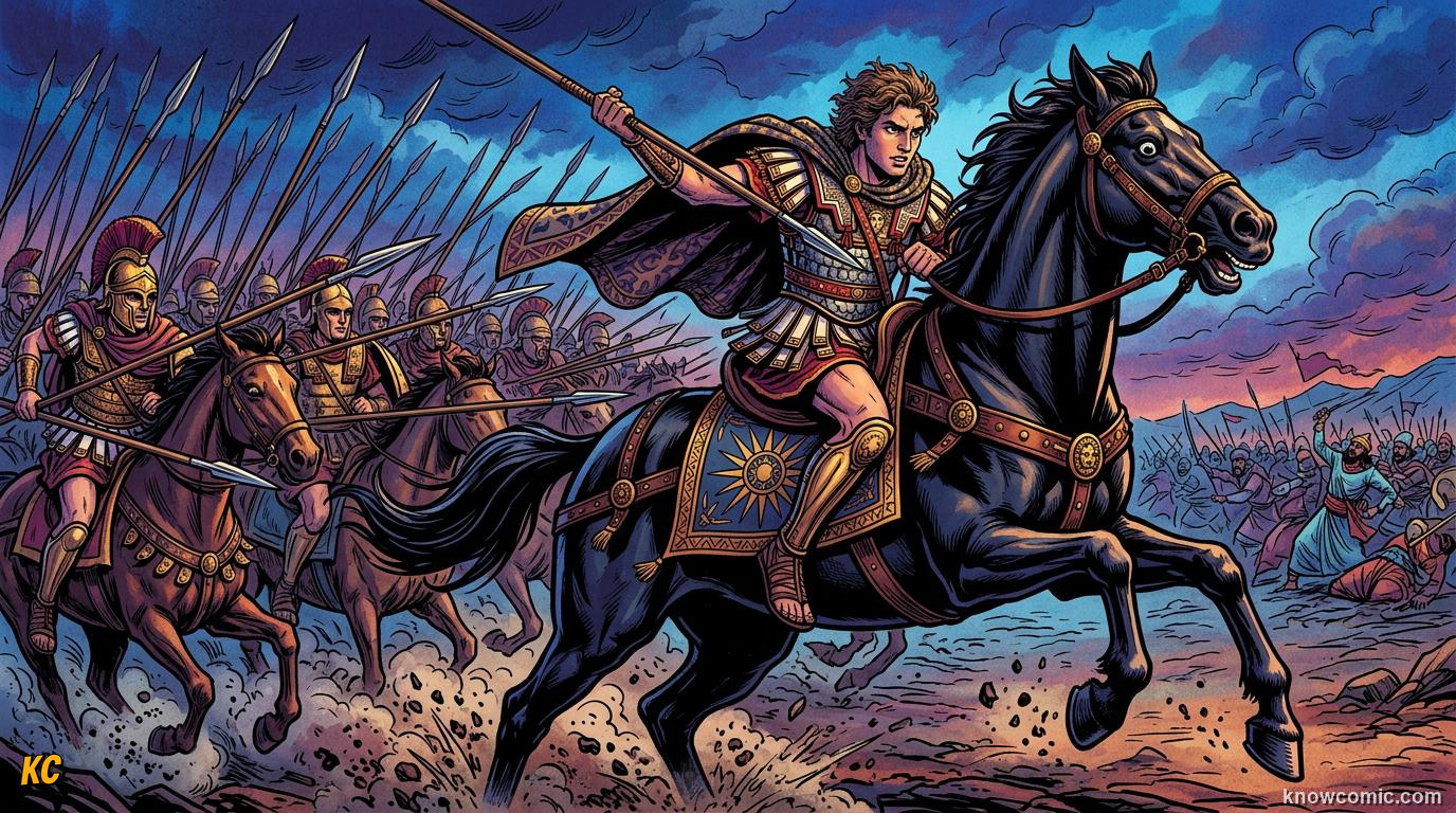 Comic panel about alexander the great: Macedonia, educational kids illustration