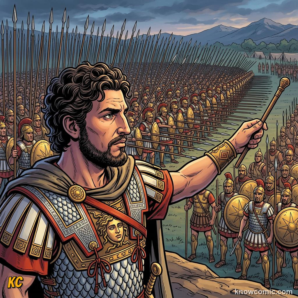 Comic panel about alexander the great: A Student Who Became A Conqueror, Philip, educational kids illustration