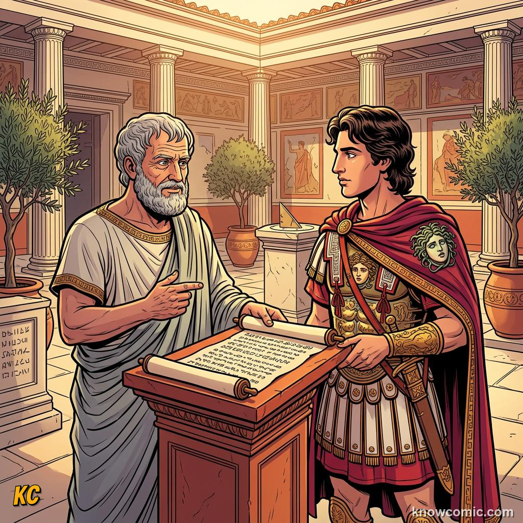 Comic panel about alexander the great: Tutor, educational kids illustration