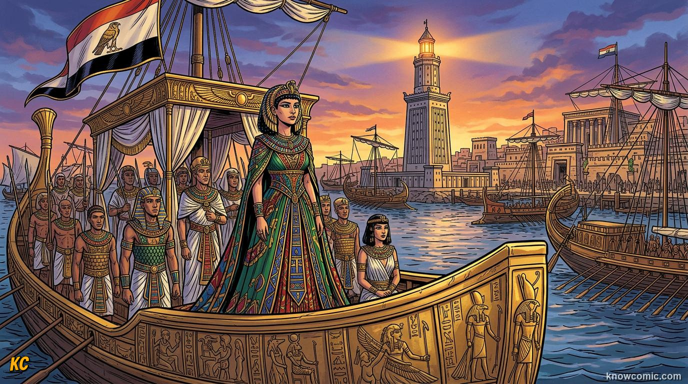 Comic panel about cleopatra: last queen: Ptolemaic Egypt, educational kids illustration