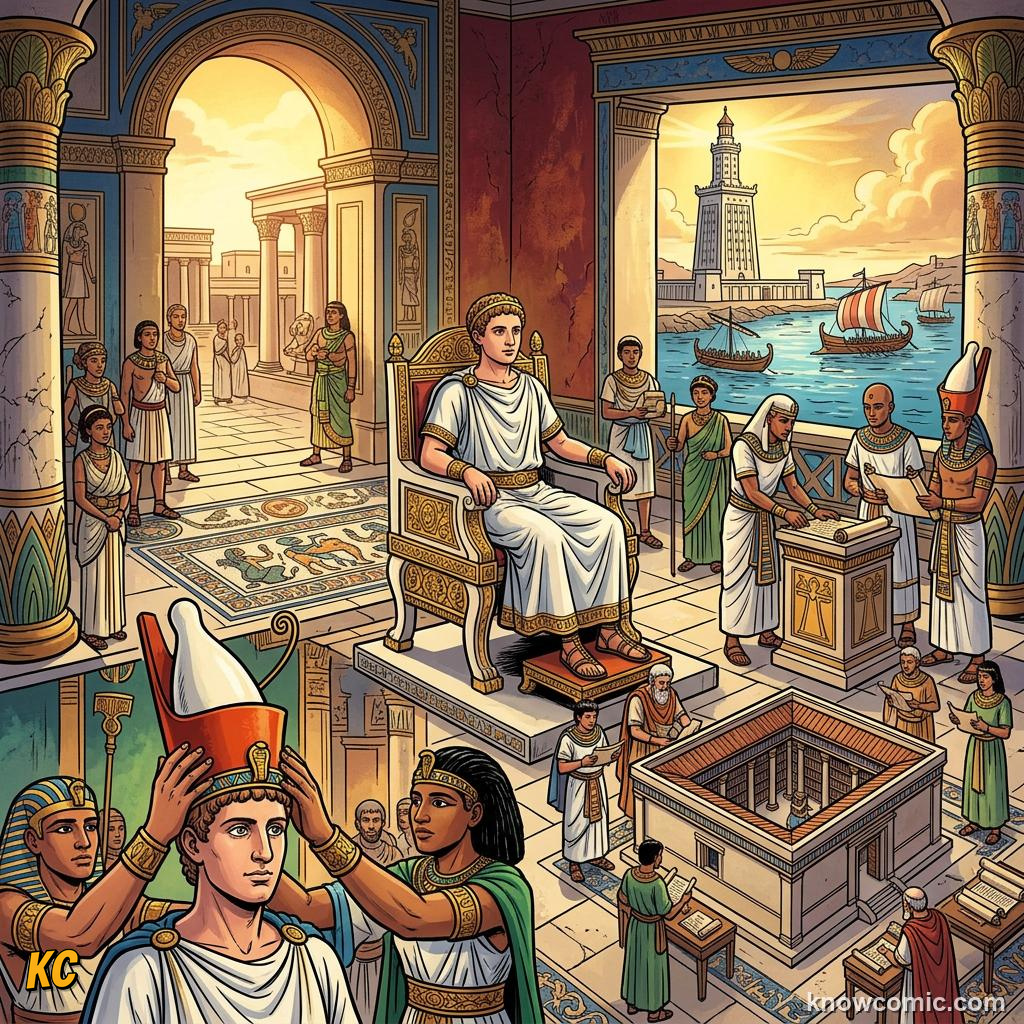 Comic panel about cleopatra: last queen: Dynasty, educational kids illustration