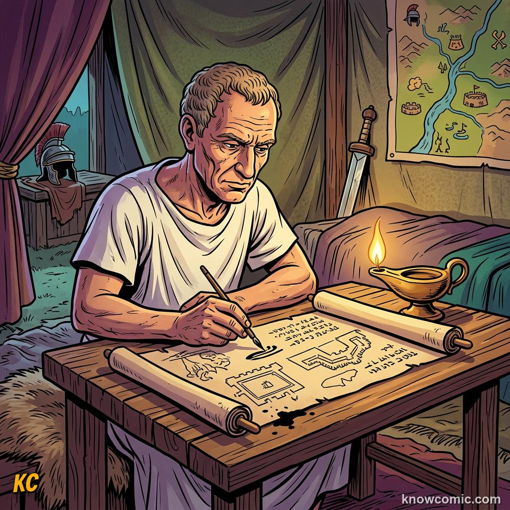 Comic panel about julius caesar: Legions, educational kids illustration