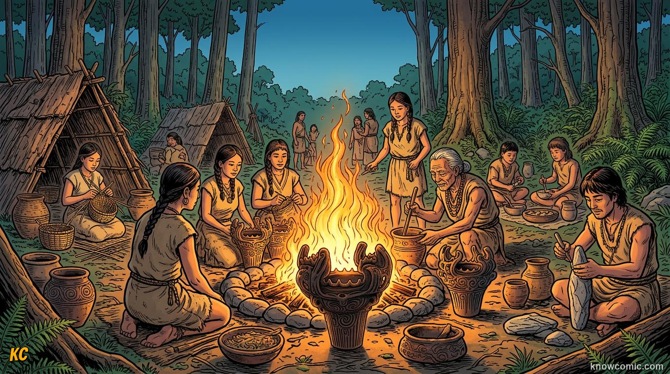 Comic panel about ancient japan: Island Beginnings, educational kids illustration