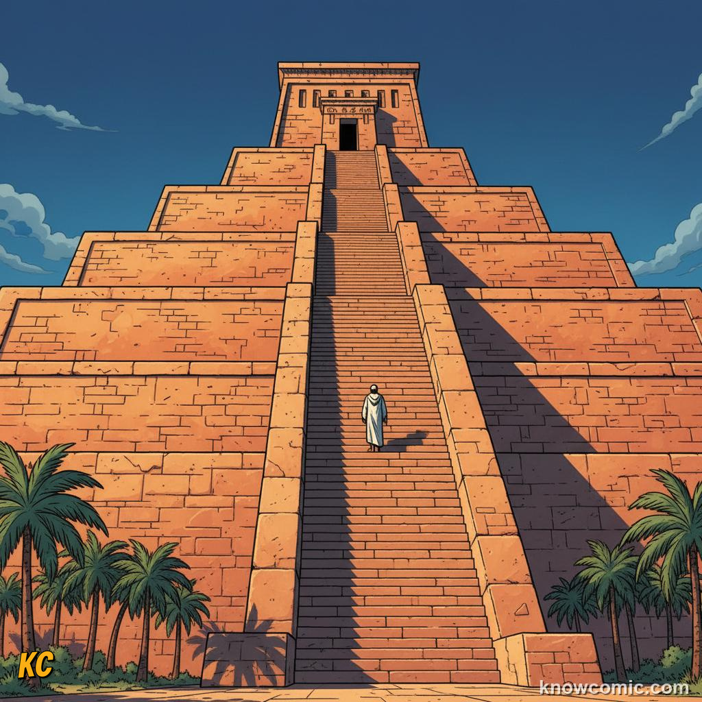 A stepped ziggurat temple tower rising above the flat Mesopotamian plains