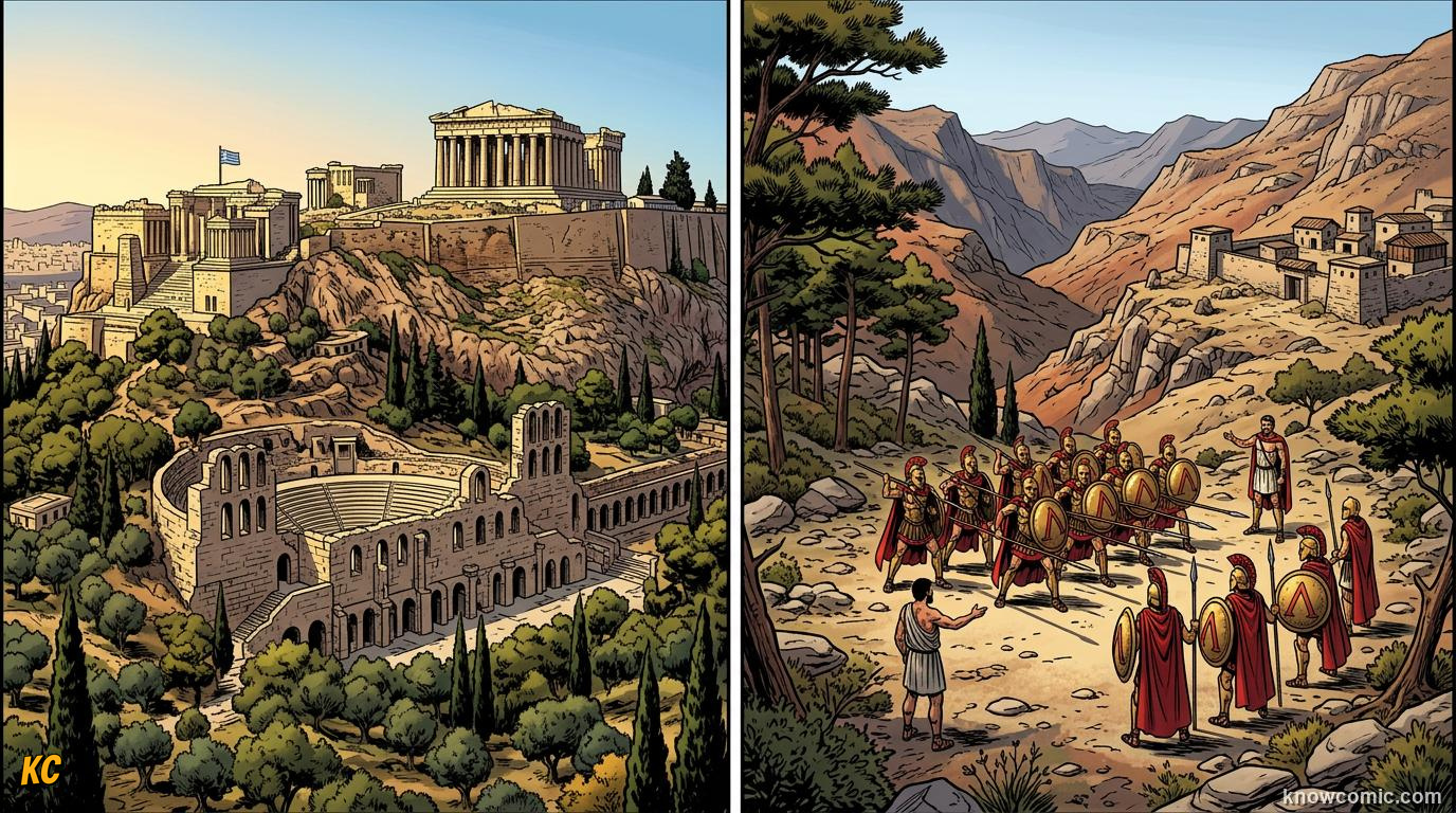 Comic panel about sparta vs athens: City-States, educational kids illustration