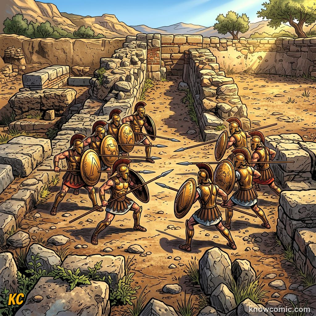 Comic panel about sparta vs athens: Sparta, educational kids illustration