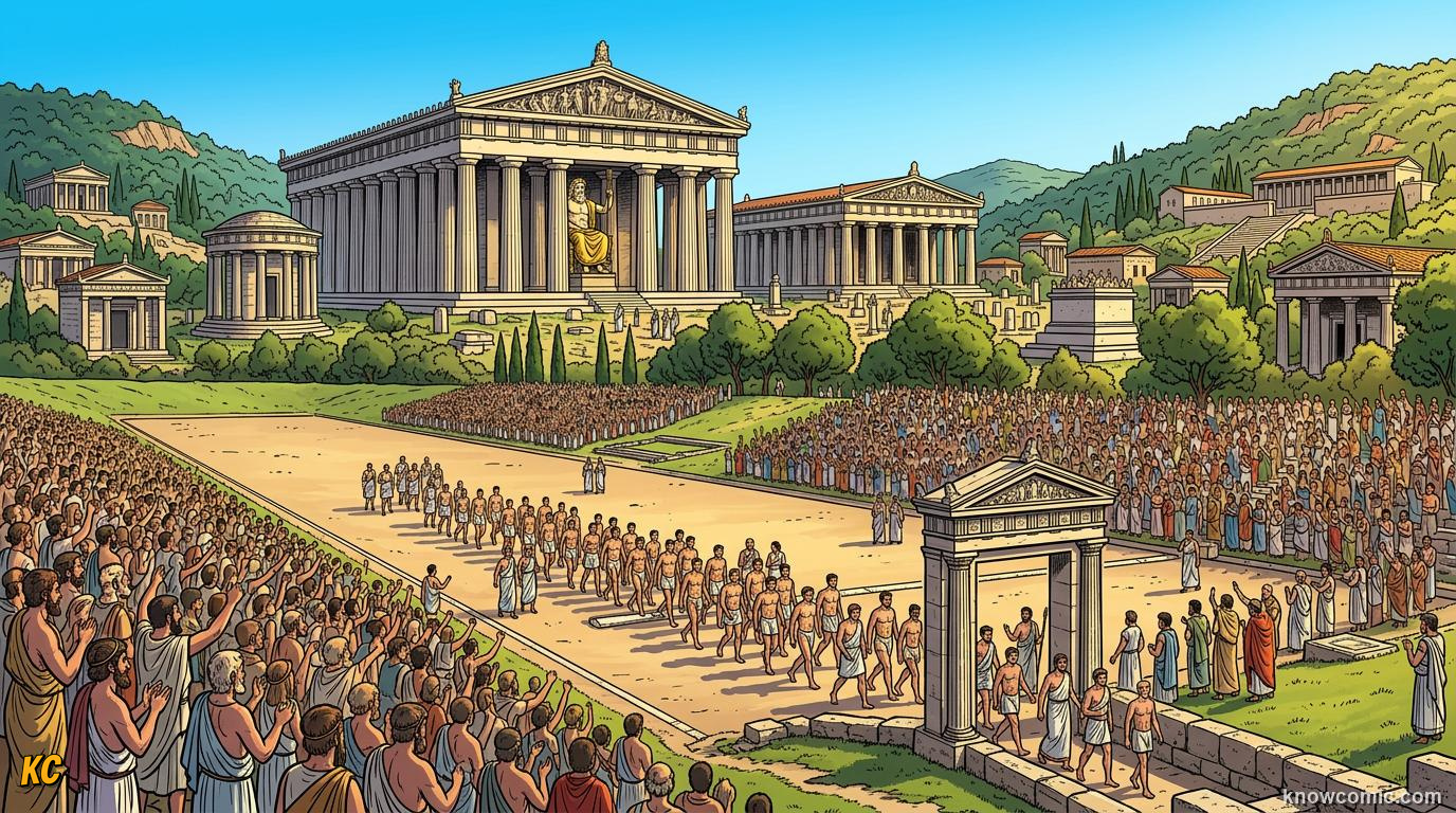 Comic panel about ancient olympics: Sacred Valley, educational kids illustration