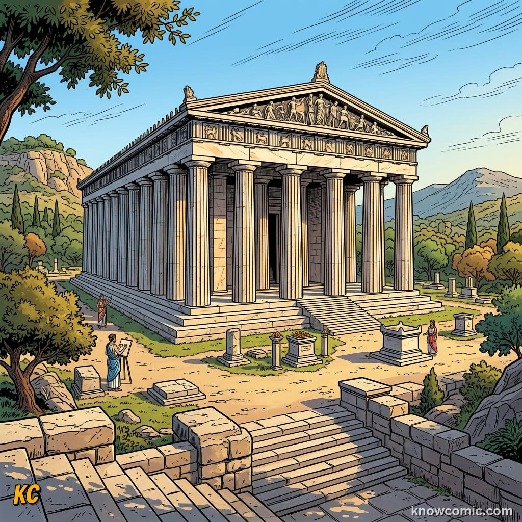 Comic panel about ancient olympics: More Than A Sports Meet, Sanctuary, educational kids illustration