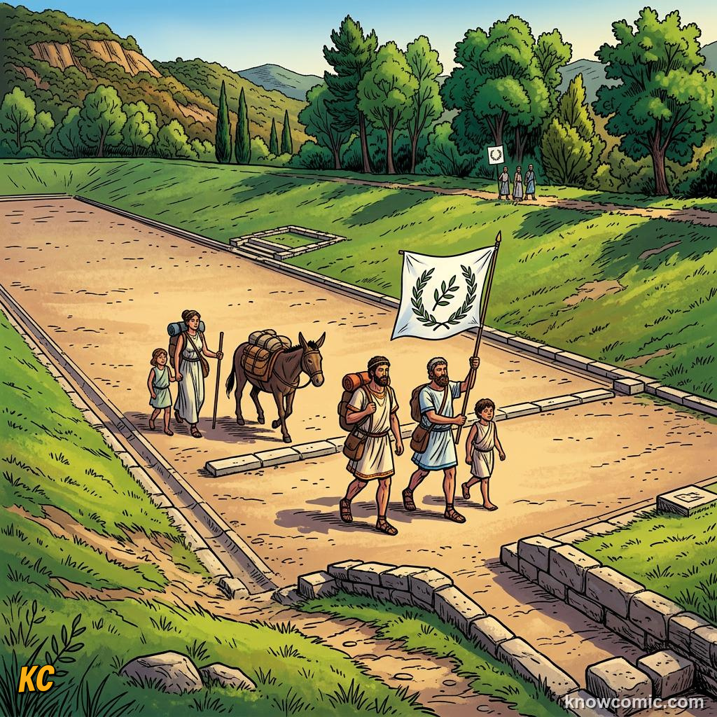 Comic panel about ancient olympics: Truce, educational kids illustration