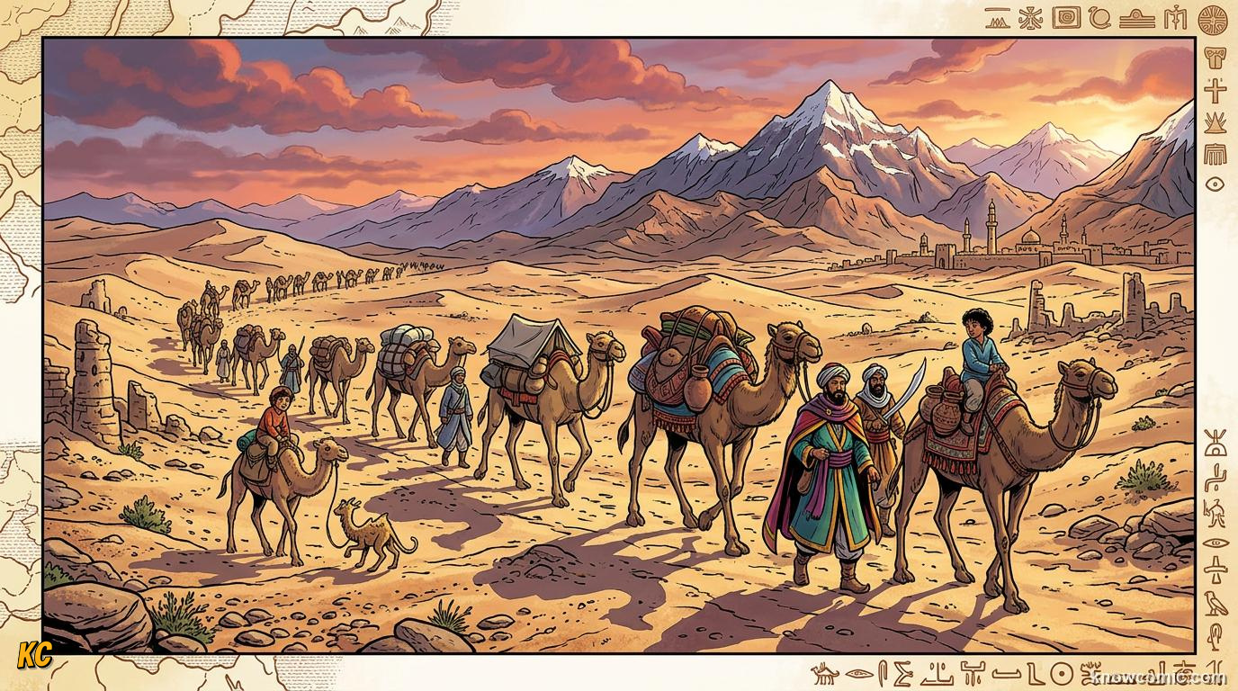 Comic panel about the silk road: A Web Of Routes, educational kids illustration