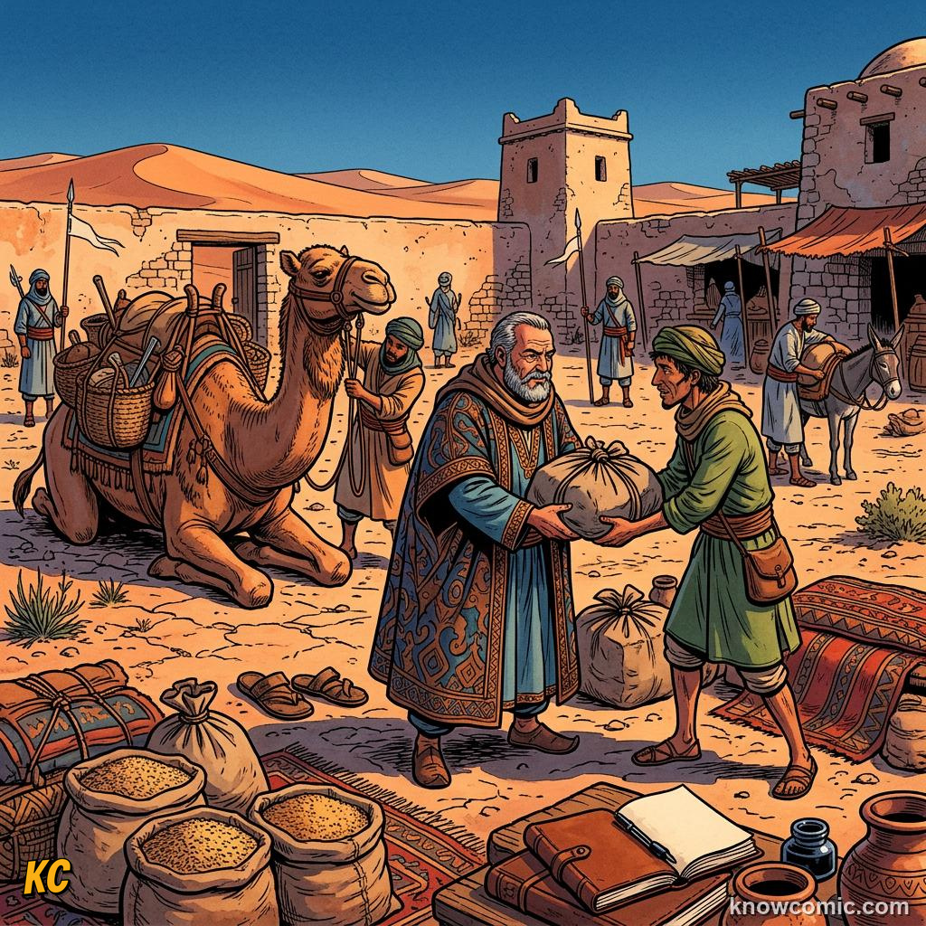 Comic panel about the silk road: Hands, educational kids illustration