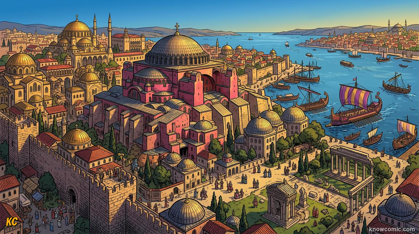 Comic panel about byzantine empire: Constantinople, educational kids illustration