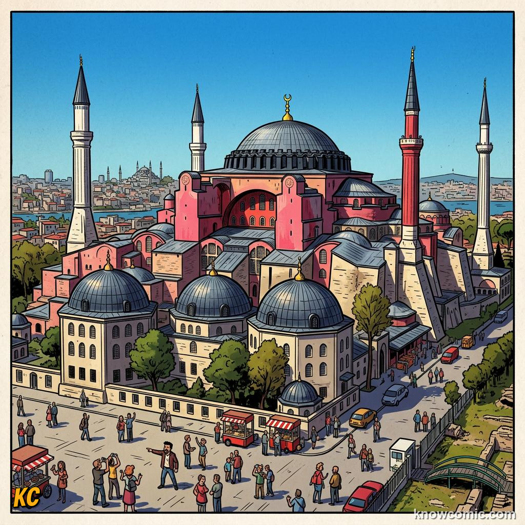 Comic panel about byzantine empire: A Capital Between Worlds, Crossroads, educational kids illustration