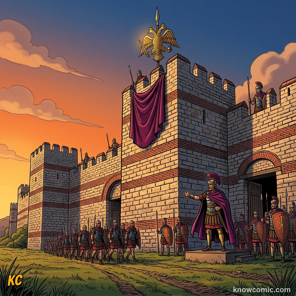 Comic panel about byzantine empire: Rome, educational kids illustration