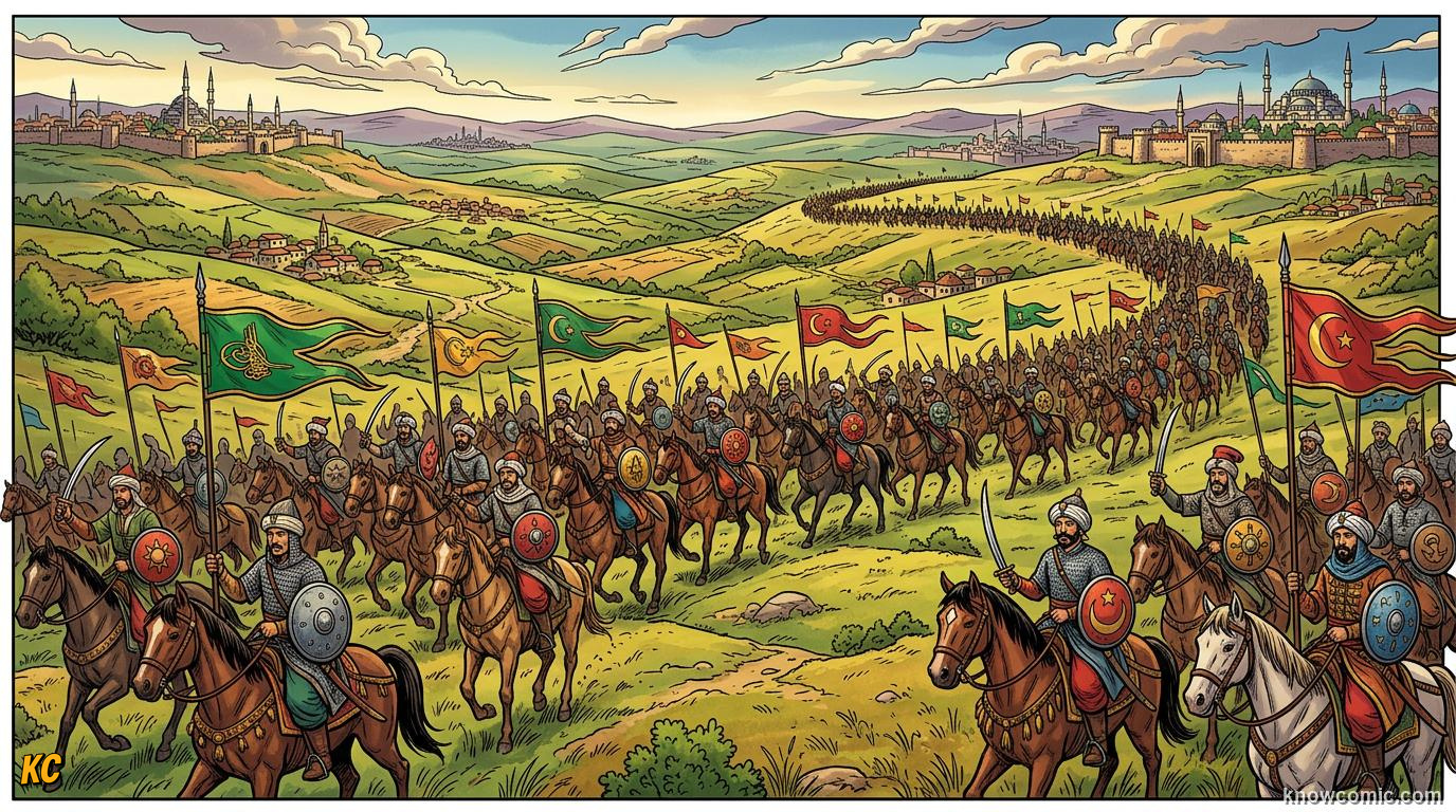 Comic panel about ottoman empire: The Ottomans, educational kids illustration
