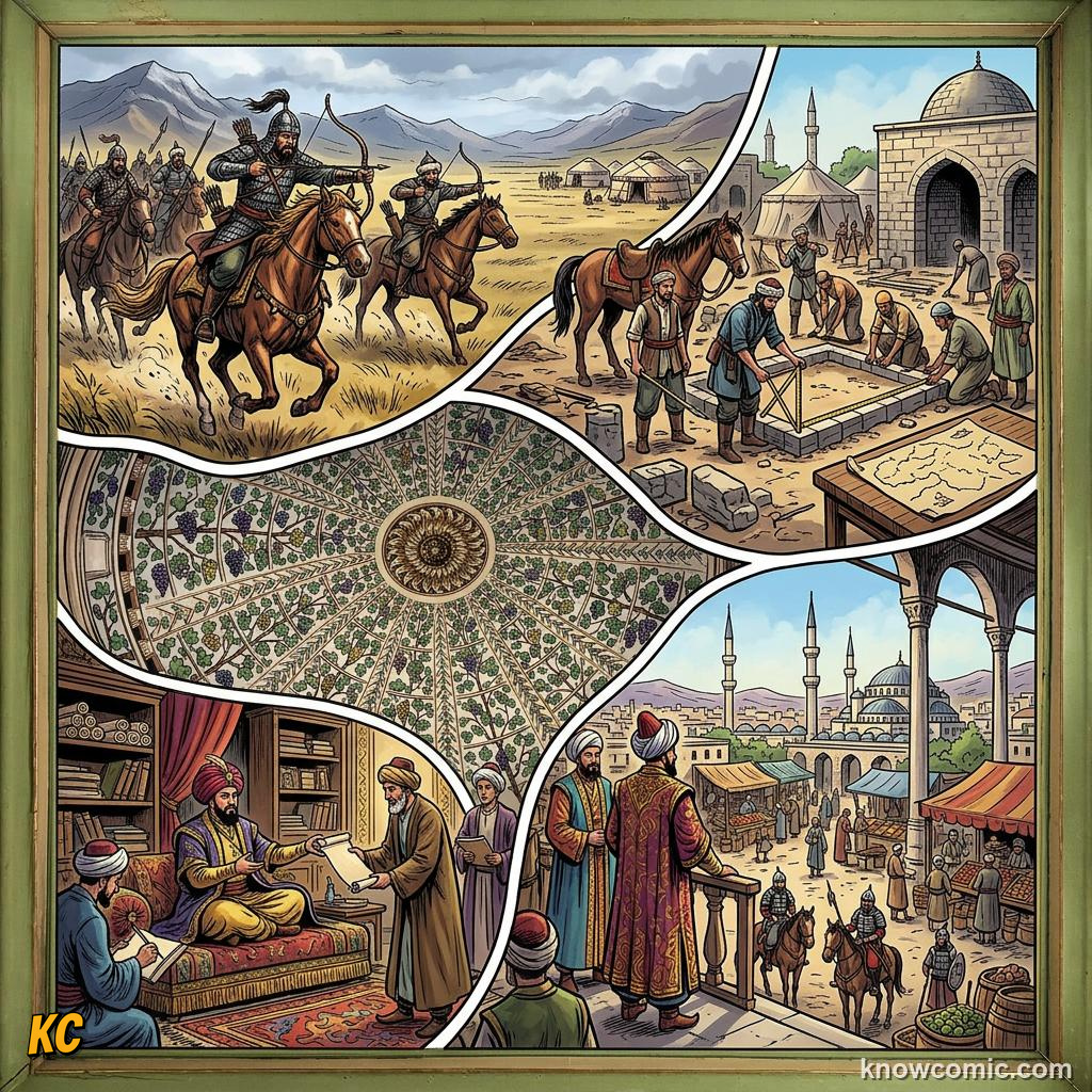 Comic panel about ottoman empire: A Dynasty Grows, Frontier, educational kids illustration