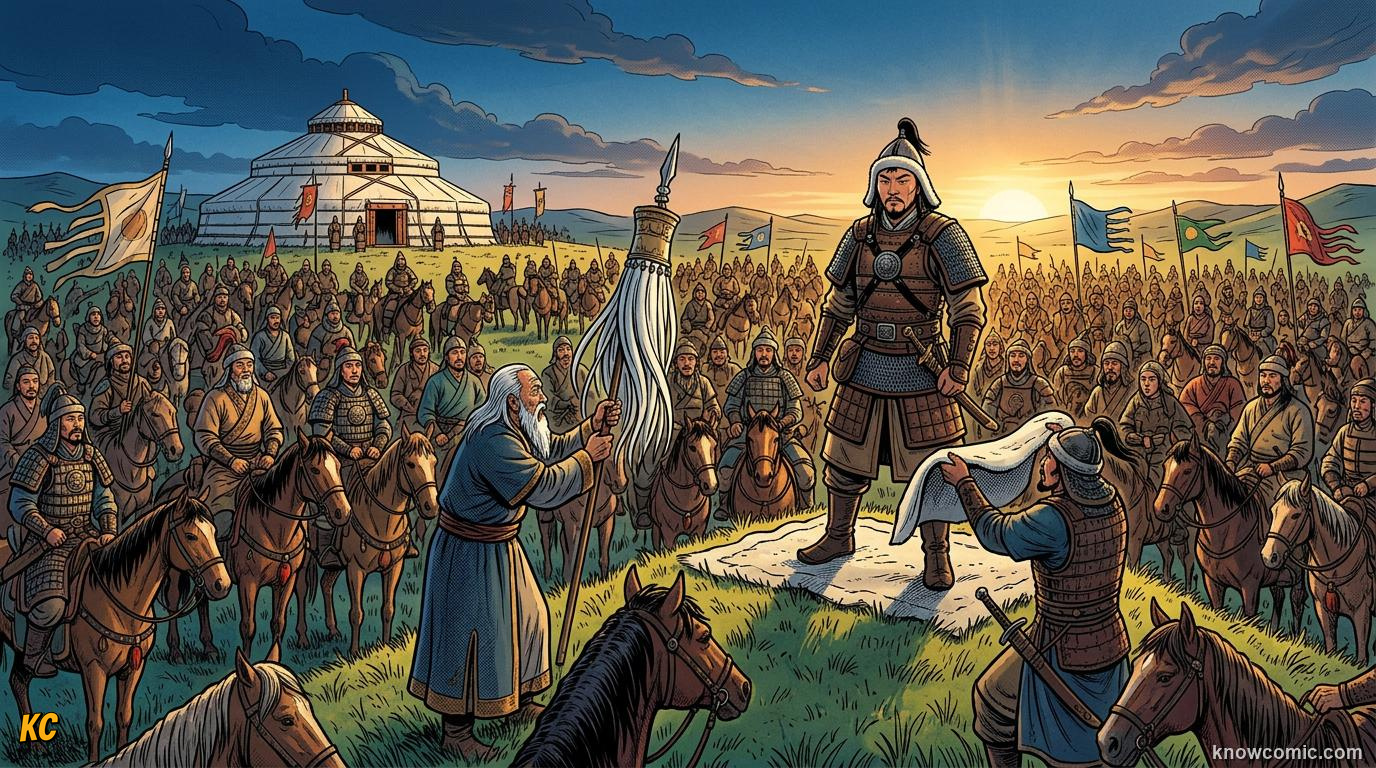 Comic panel about mongol conquest: Temujin To Genghis, educational kids illustration