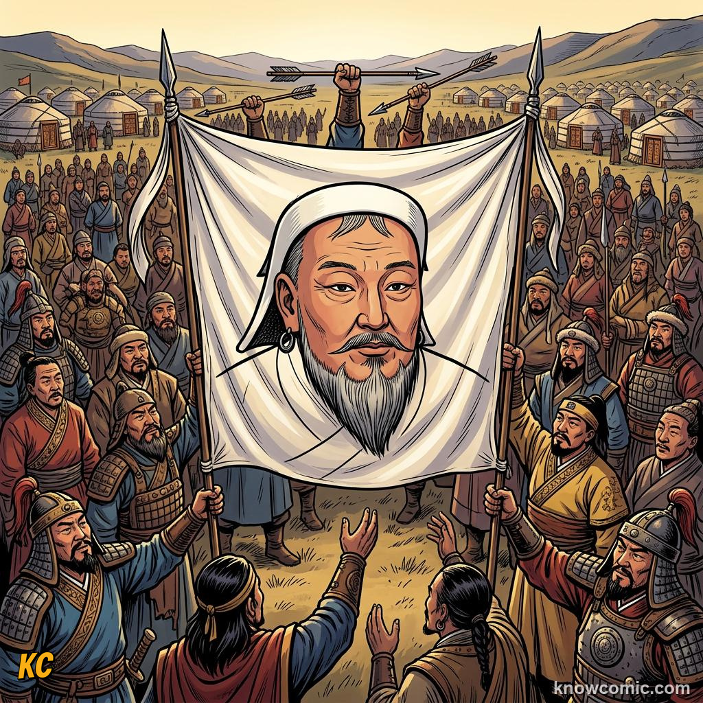 Comic panel about mongol conquest: From Outlaw To Khan, Unite, educational kids illustration
