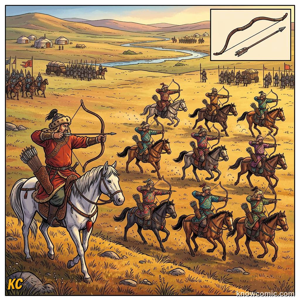 Comic panel about mongol conquest: From Outlaw To Khan, Army, educational kids illustration