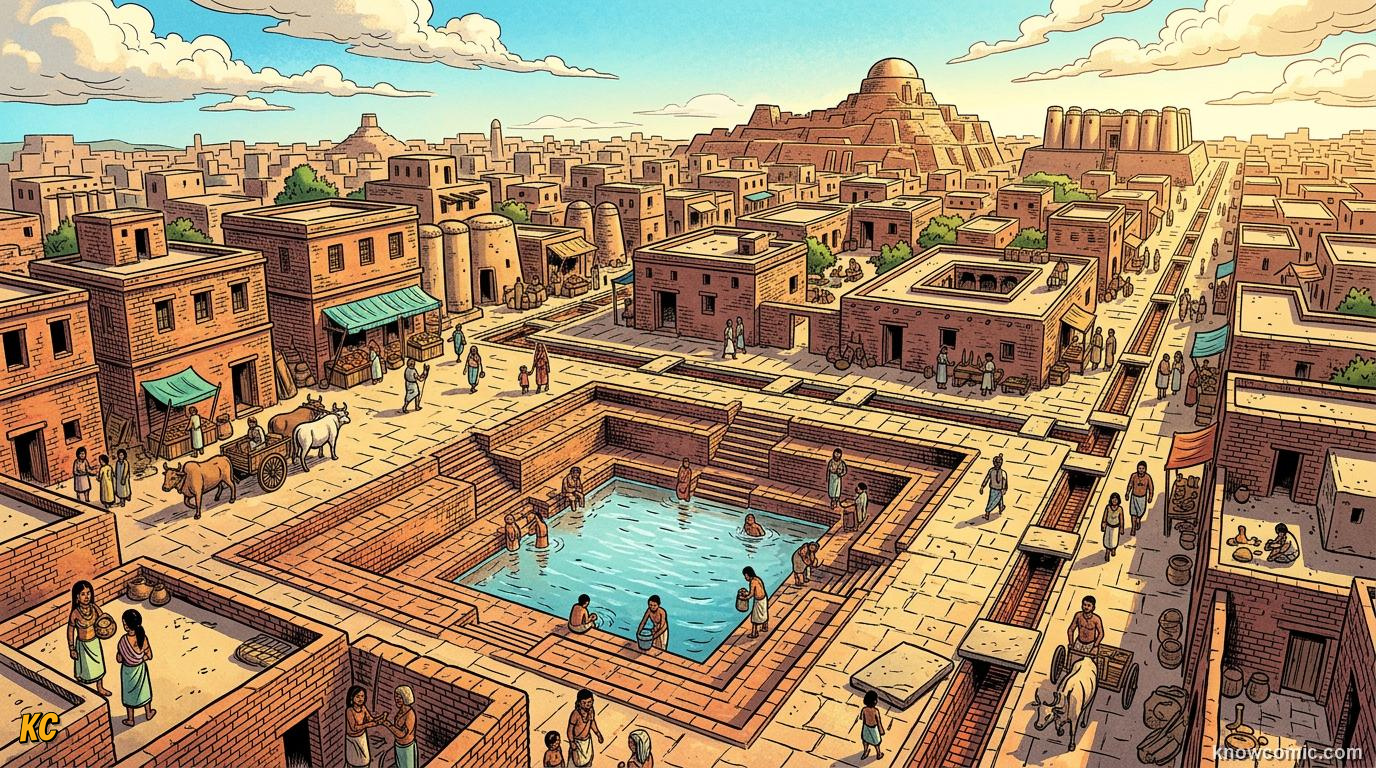 Comic panel about indus valley mystery: Harappa And Mohenjo-Daro, educational kids illustration