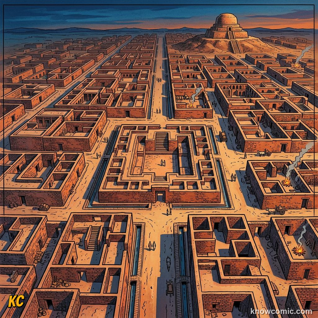 Comic panel about indus valley mystery: A Civilisation Without Kings In Stone, Grid, educational kids illustration