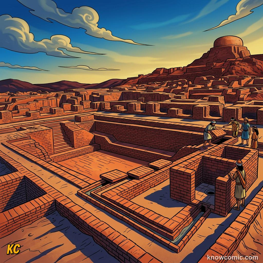 Comic panel about indus valley mystery: A Civilisation Without Kings In Stone, Water, educational kids illustration