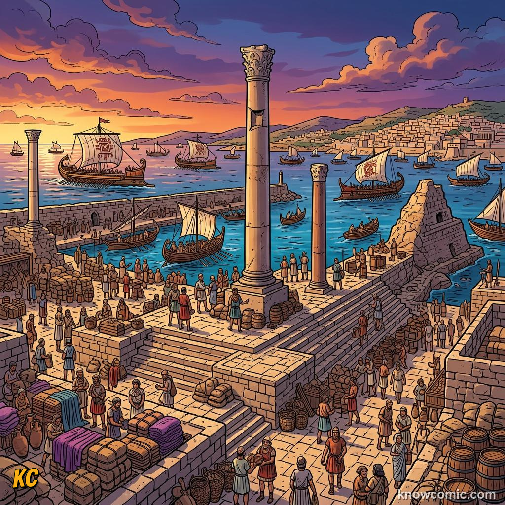 Comic panel about carthage: hannibal: A Punic Superpower, Trade, educational kids illustration