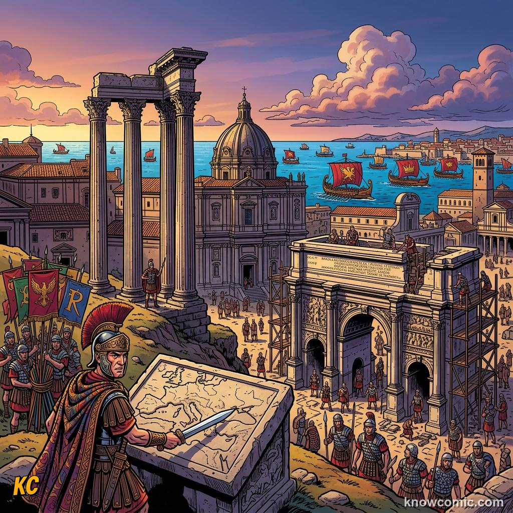 Comic panel about carthage: hannibal: A Punic Superpower, Rival, educational kids illustration