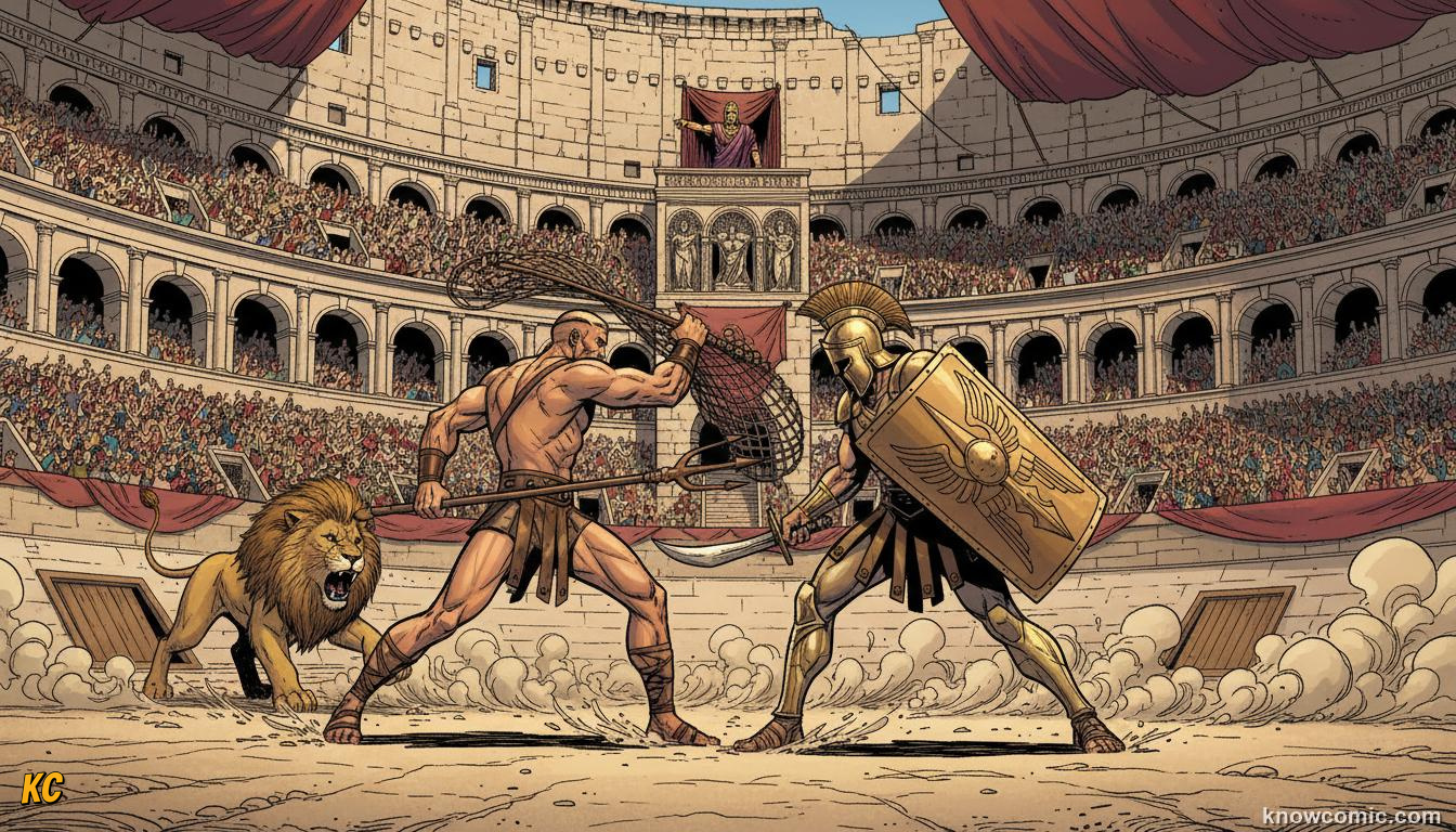 The Colosseum amphitheatre packed with 50000 spectators watching gladiators battle