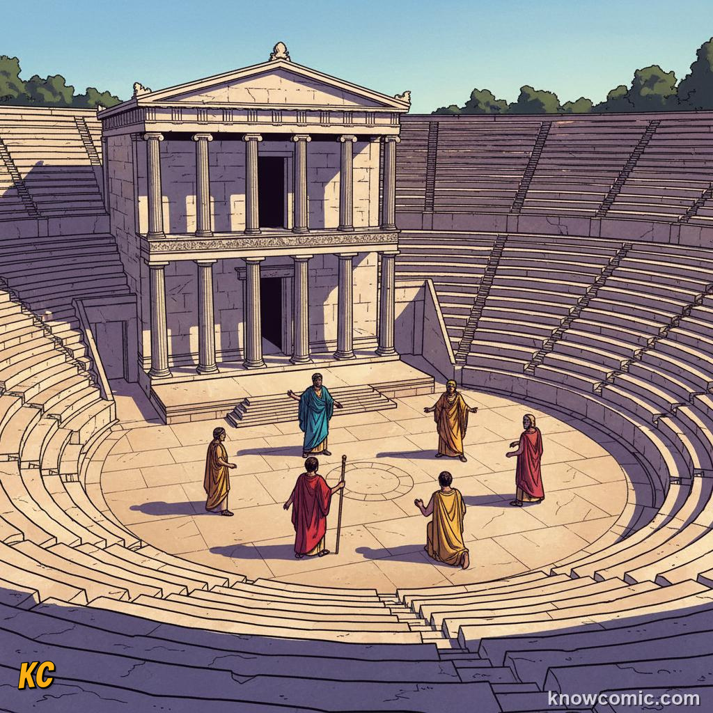 Ancient Greek open-air Theatre of Dionysus with stone seats and actors wearing dramatic masks