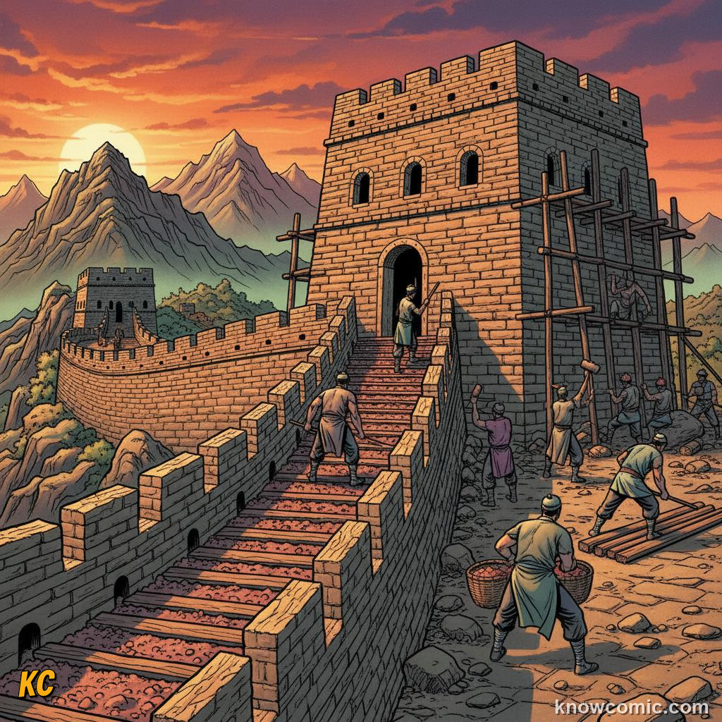 Workers constructing the Great Wall along mountain ridges in northern China