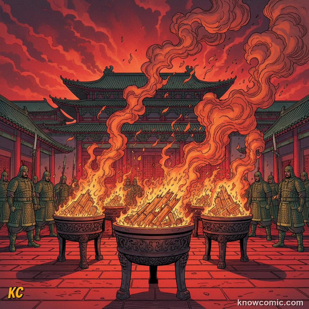 Qin soldiers burning books and scrolls to suppress rival ideas and history