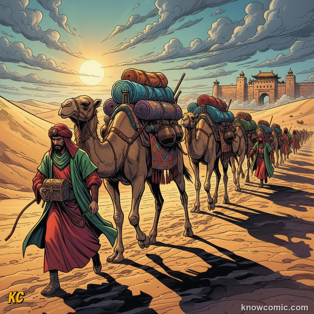 Camel caravan travelling the Silk Road carrying goods across deserts