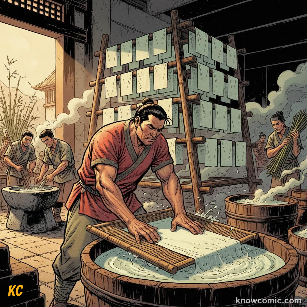 Han dynasty craftsman holding a freshly made sheet of paper