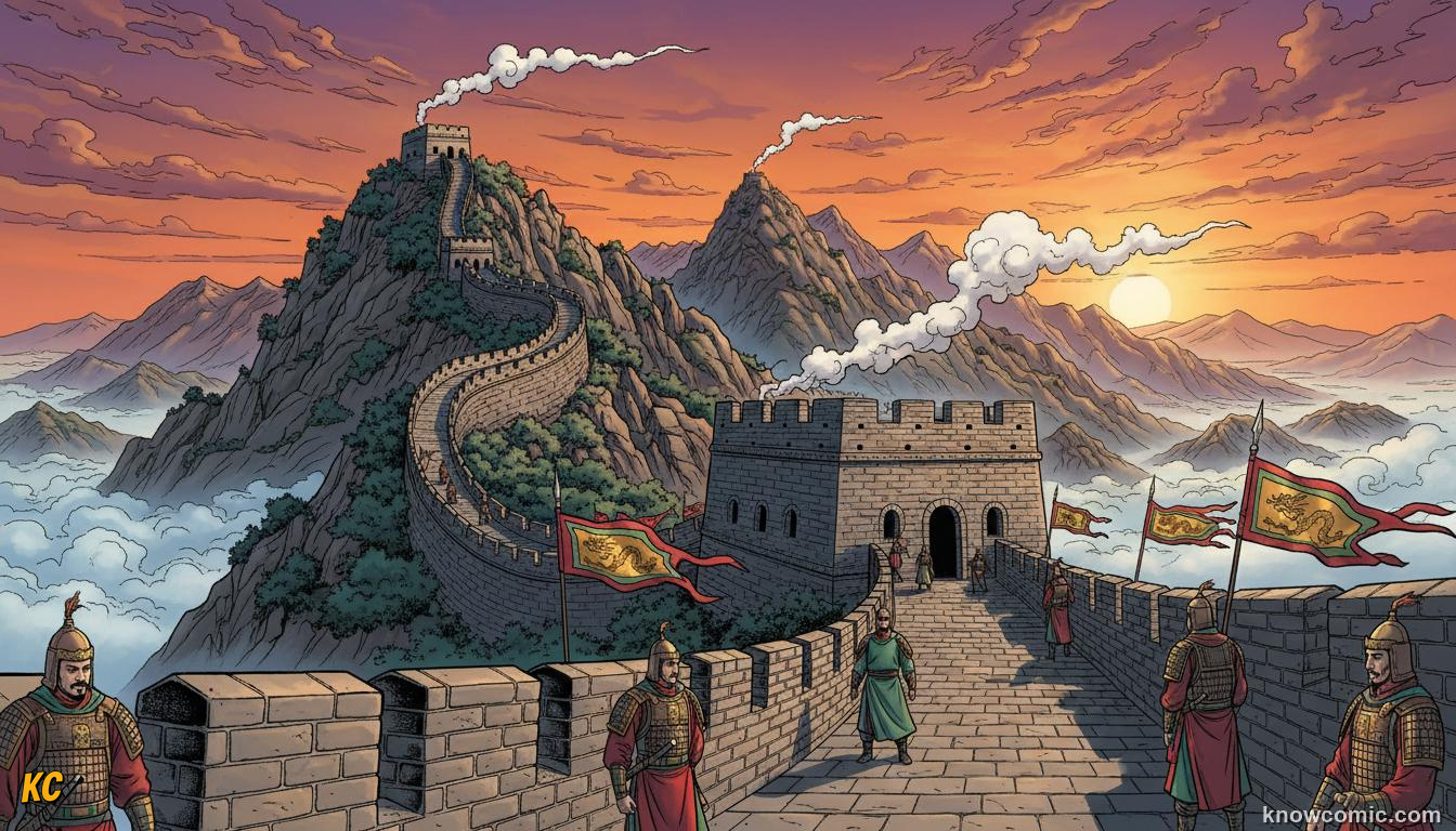 Ming dynasty soldiers patrolling the rebuilt Great Wall stretching over hills