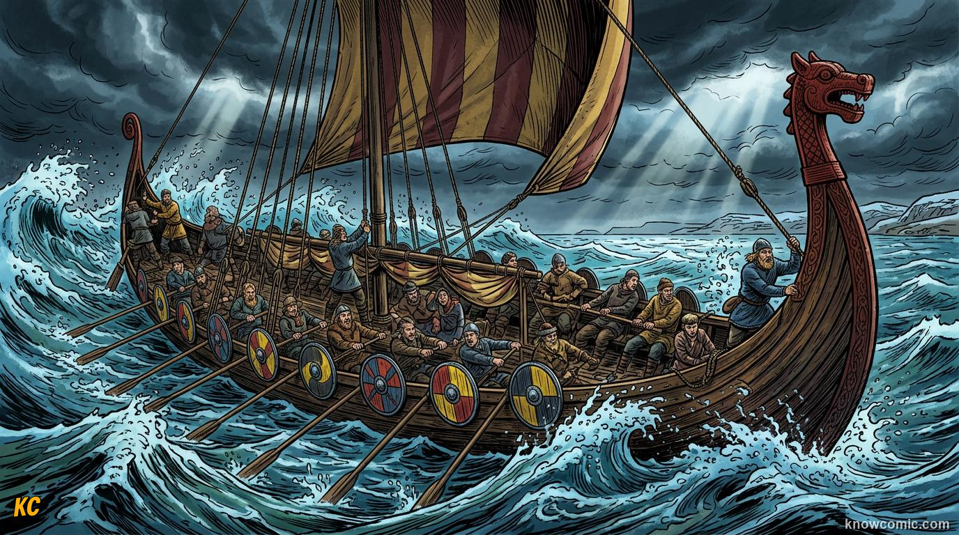 Comic panel about viking adventures: C. 800–1100 Ce, educational kids illustration