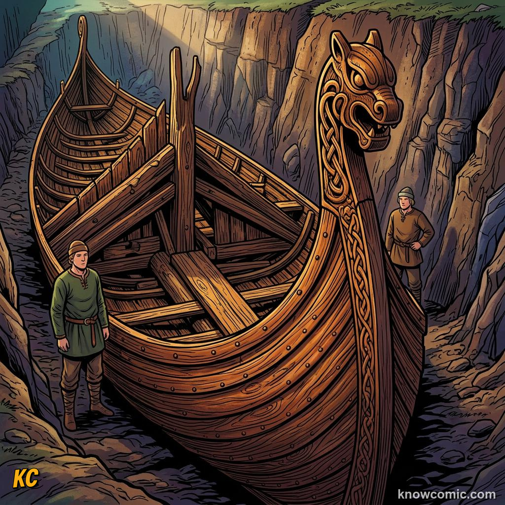 Comic panel about viking adventures: Not Only Raiders, Longboat, educational kids illustration