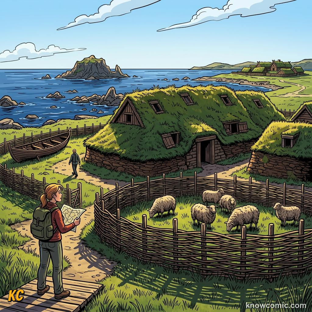 Comic panel about viking adventures: Home, educational kids illustration
