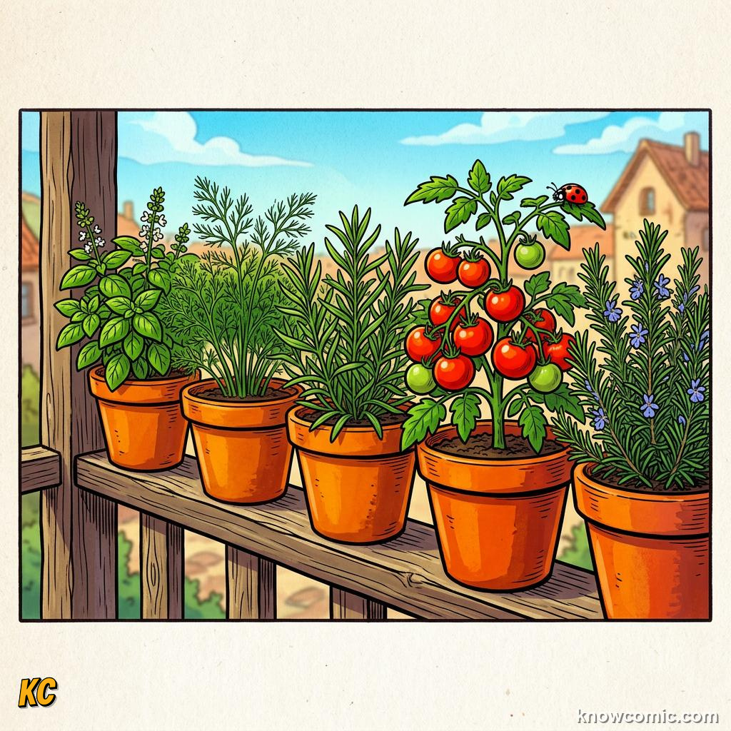 Home agriculture: BALCONY, Railing pots save floor space.
