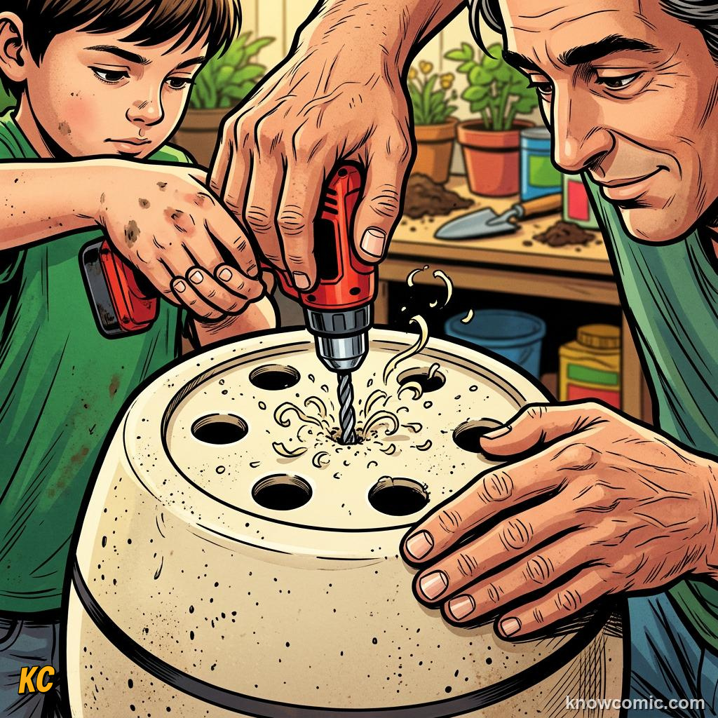 Home agriculture: HOLES, Adult helps drill bucket base.