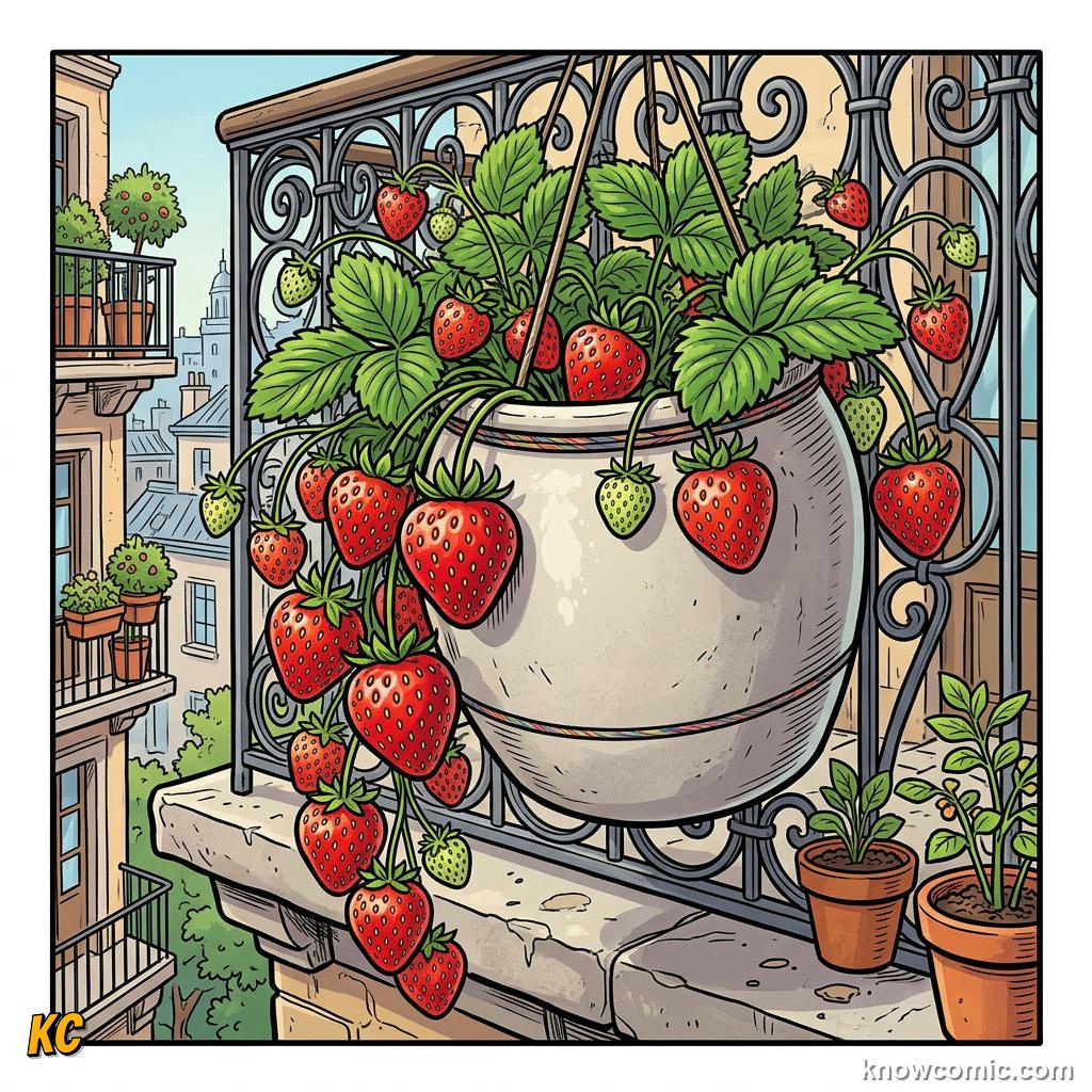 Home agriculture: HANGING, Strawberries cascade over basket edges.