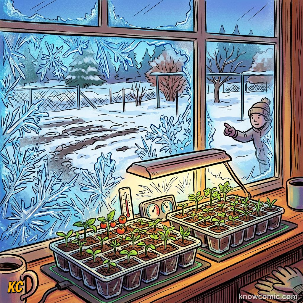 Home agriculture: FROST, Frost crystals on outdoor glass while seedlings stay cozy inside.