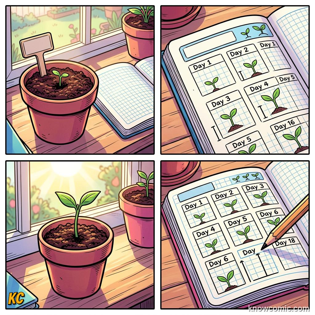 Home agriculture: JOURNAL, Log sprout day, first true leaves, and height.