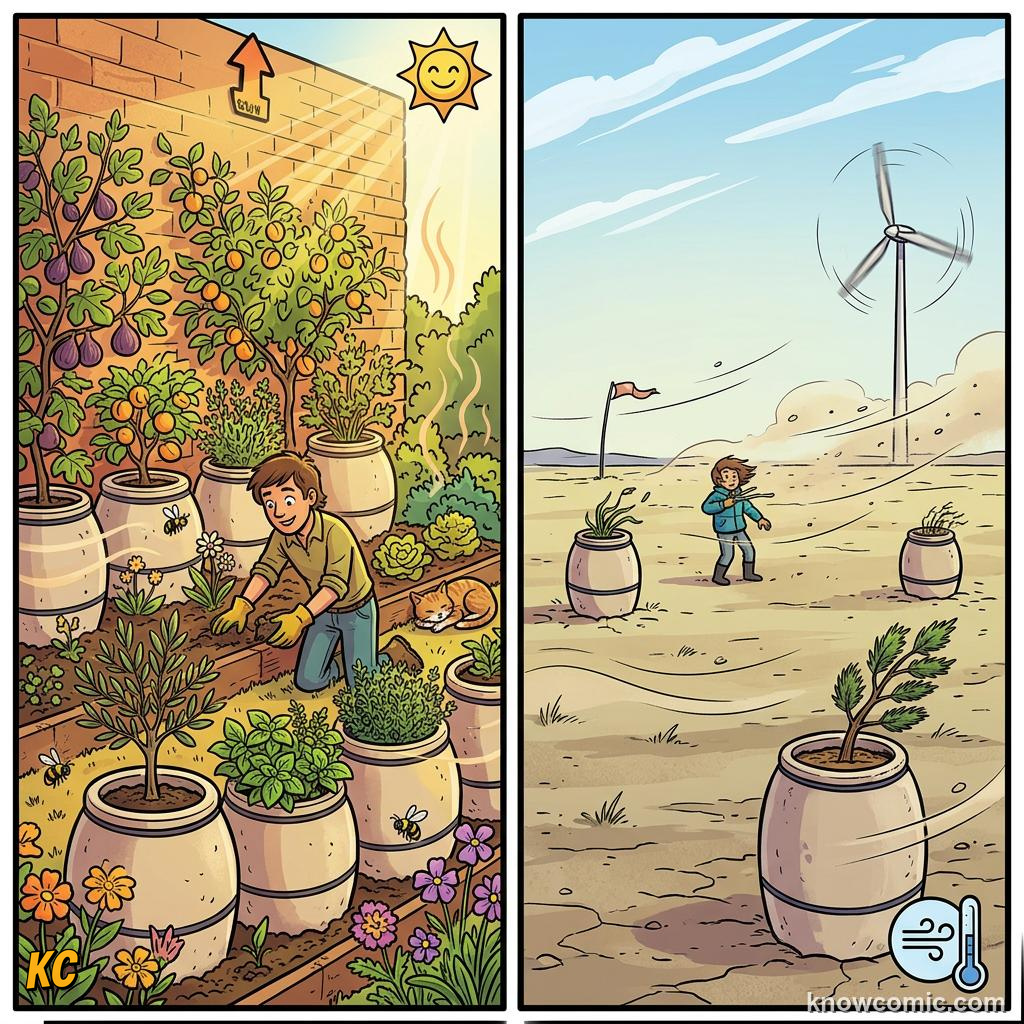 Home agriculture: MICROCLIMATE, South walls and patios stay warmer than open fields.